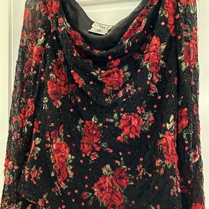 VINTAGE Red Rose Beaded Sheer Overlay Top